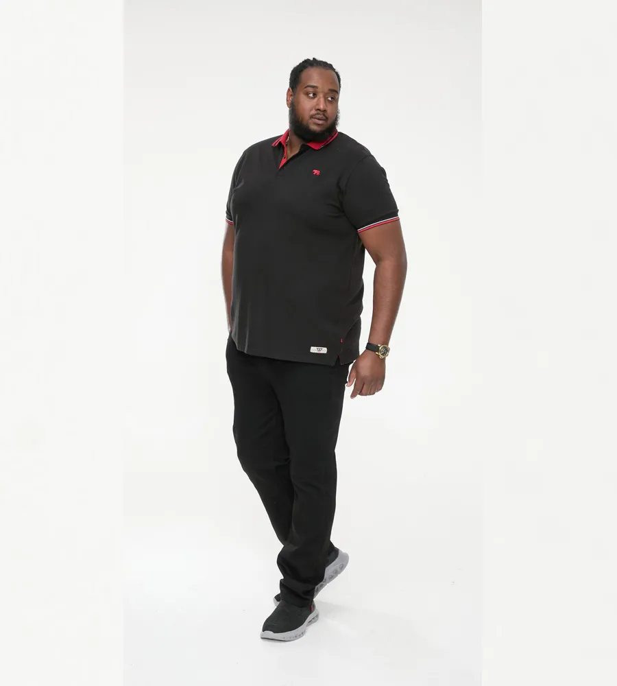 D555 Big Mens Black Pique Polo Shirt With Cuff and Collar Tipping (CHESTER)